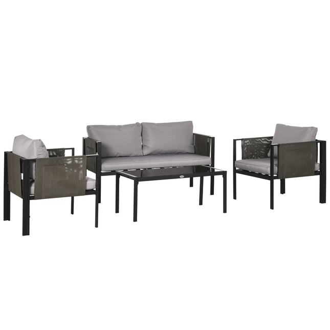 4 Piece Metal Garden Furniture Set with Cushions & Tempered Glass Table - Light Grey