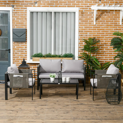 4 Piece Metal Garden Furniture Set with Cushions & Tempered Glass Table - Light Grey