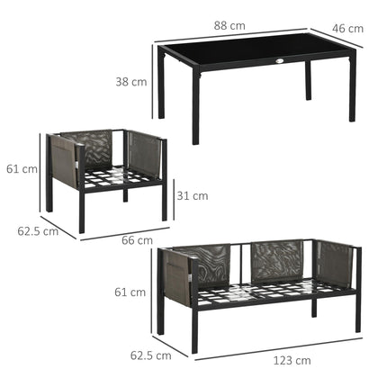 4 Piece Metal Garden Furniture Set with Cushions & Tempered Glass Table - Light Grey
