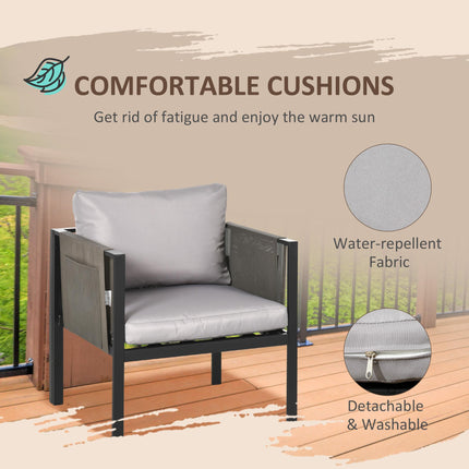 4 Piece Metal Garden Furniture Set with Cushions & Tempered Glass Table - Light Grey