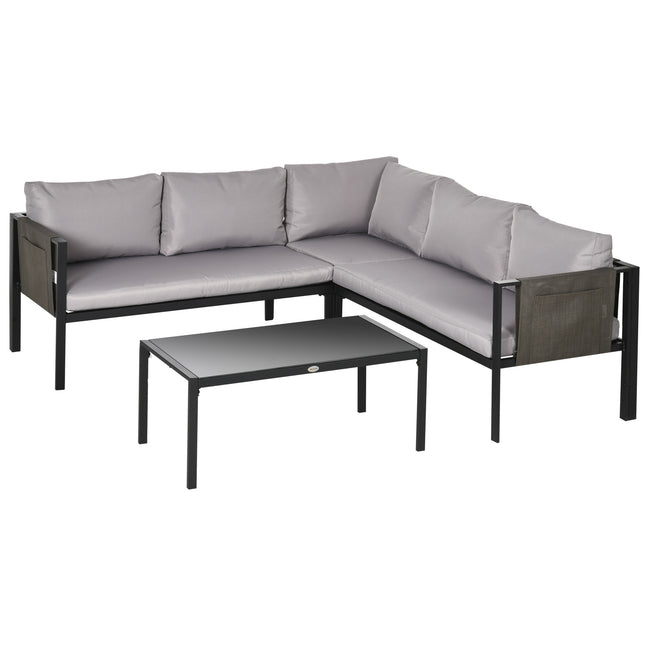 4 Piece Metal Garden Sofa Set with Tempered Glass Table - Light Grey