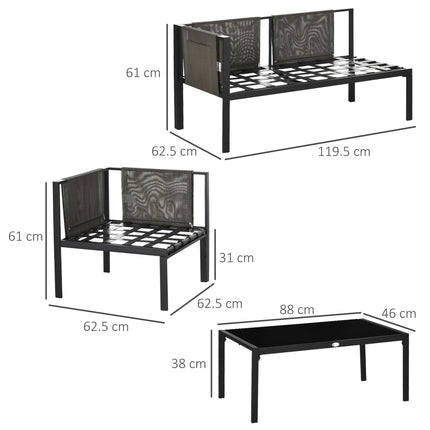 4 Piece Metal Garden Sofa Set with Tempered Glass Table - Light Grey
