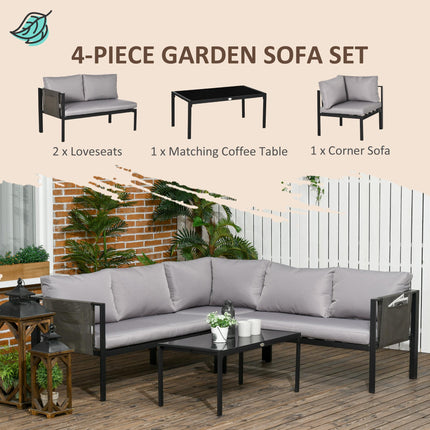 4 Piece Metal Garden Sofa Set with Tempered Glass Table - Light Grey