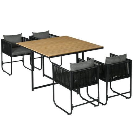 5 Piece PE Rattan Dining Set with Cushions and Wood Grain Table - Black