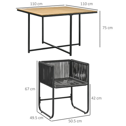 5 Piece PE Rattan Dining Set with Cushions and Wood Grain Table - Black