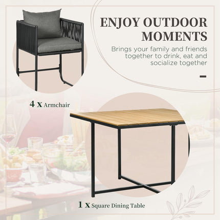 5 Piece PE Rattan Dining Set with Cushions and Wood Grain Table - Black