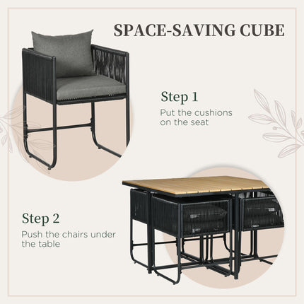 5 Piece PE Rattan Dining Set with Cushions and Wood Grain Table - Black