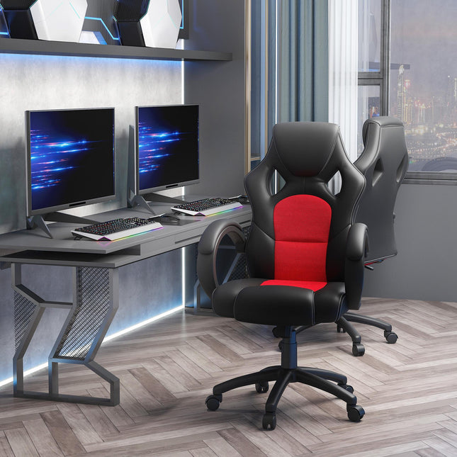High Back Swivel Desk Chair with Wheels and Armrests for Home Office - Black & Red