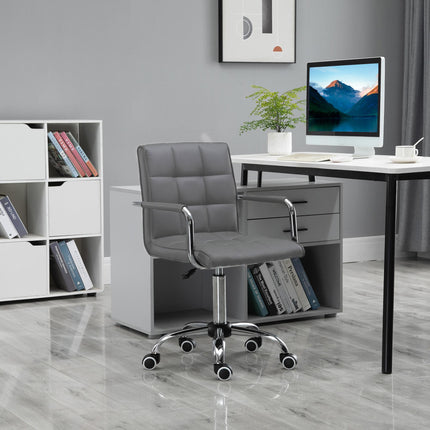 Mid Back PU Leather Swivel Office Desk Chair with Armrests and Wheels - Grey