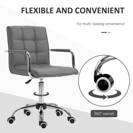 Mid Back PU Leather Swivel Office Desk Chair with Armrests and Wheels - Grey