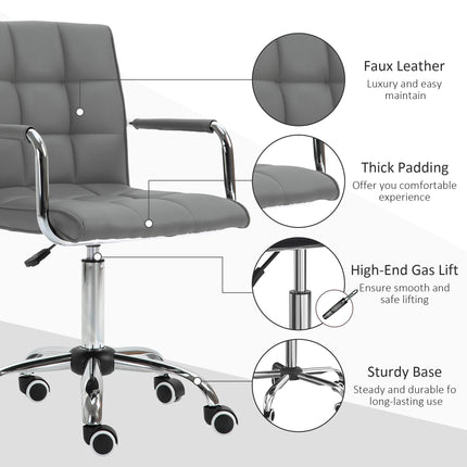 Mid Back PU Leather Swivel Office Desk Chair with Armrests and Wheels - Grey