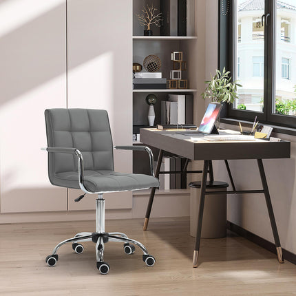 Mid Back PU Leather Swivel Office Desk Chair with Armrests and Wheels - Grey