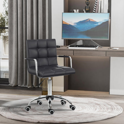 Mid Back PU Leather Swivel Office Desk Chair with Armrests and Wheels - Black