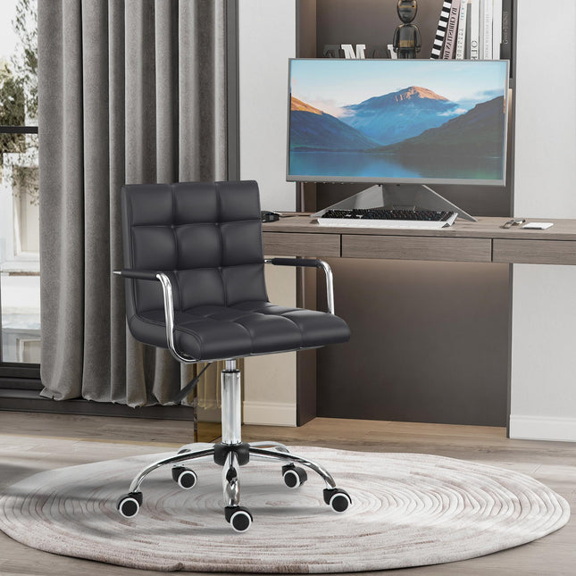 Mid Back PU Leather Swivel Office Desk Chair with Armrests and Wheels - Black