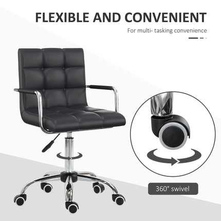 Mid Back PU Leather Swivel Office Desk Chair with Armrests and Wheels - Black