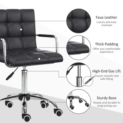 Mid Back PU Leather Swivel Office Desk Chair with Armrests and Wheels - Black