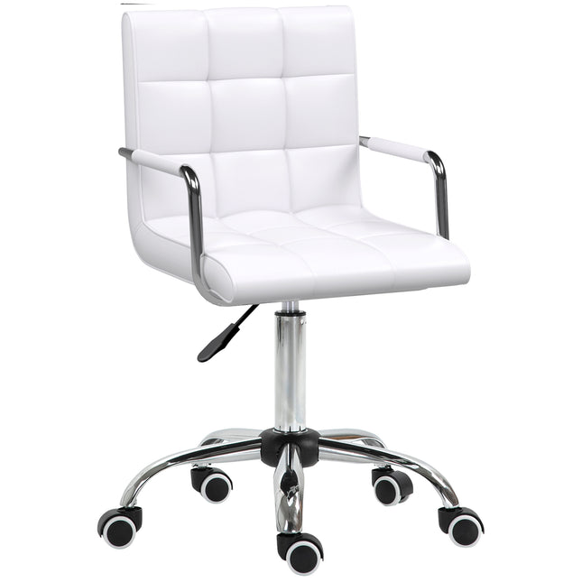 Mid Back PU Leather Swivel Office Desk Chair with Armrests and Wheels - White