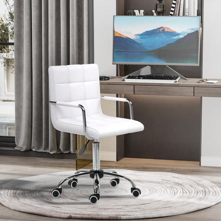 Mid Back PU Leather Swivel Office Desk Chair with Armrests and Wheels - White