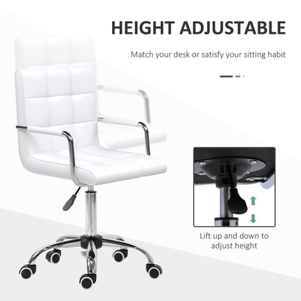 Mid Back PU Leather Swivel Office Desk Chair with Armrests and Wheels - White