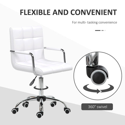 Mid Back PU Leather Swivel Office Desk Chair with Armrests and Wheels - White