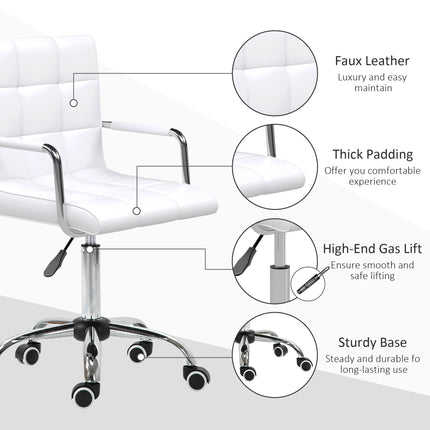 Mid Back PU Leather Swivel Office Desk Chair with Armrests and Wheels - White