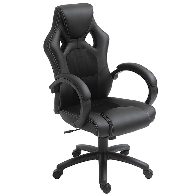 High Back Faux Leather Computer Office Swivel Chair with Wheels and Armrests - Black