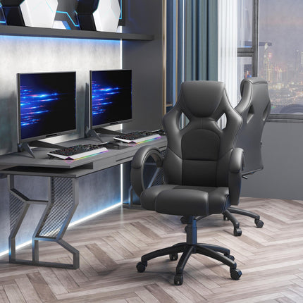High Back Faux Leather Computer Office Swivel Chair with Wheels and Armrests - Black