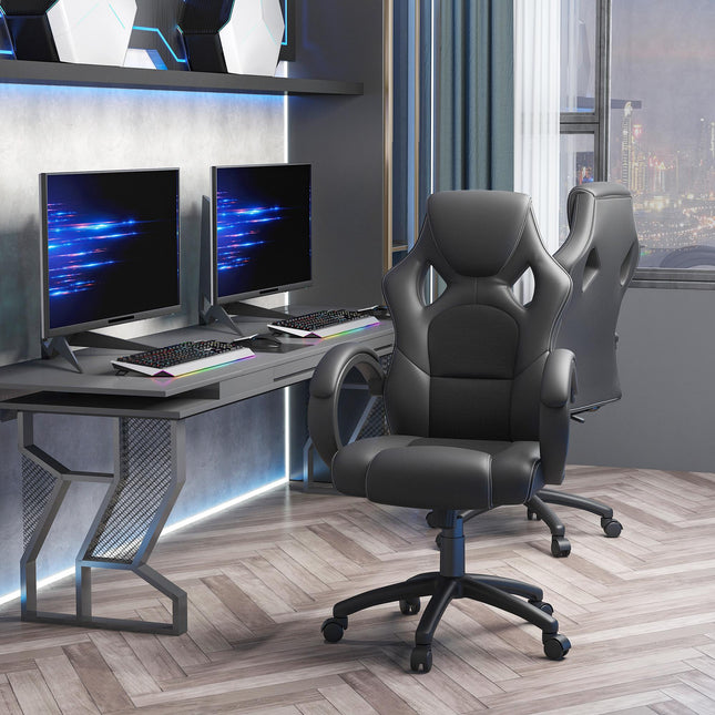 High Back Faux Leather Computer Office Swivel Chair with Wheels and Armrests - Black
