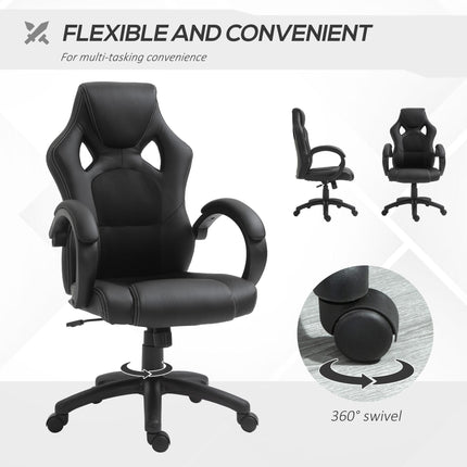 High Back Faux Leather Computer Office Swivel Chair with Wheels and Armrests - Black