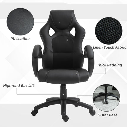 High Back Faux Leather Computer Office Swivel Chair with Wheels and Armrests - Black