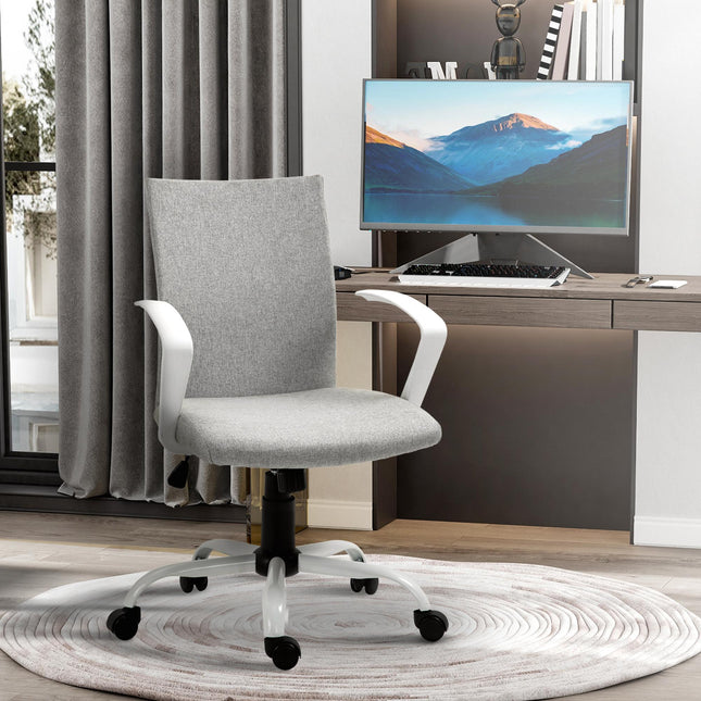 Linen Swivel Office Desk Chair with Wheels, Adjustable Height & Armrests - Light Grey
