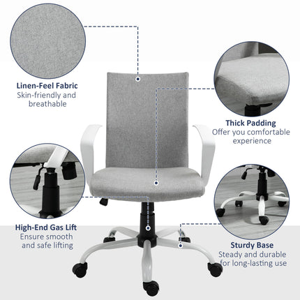 Linen Swivel Office Desk Chair with Wheels, Adjustable Height & Armrests - Light Grey