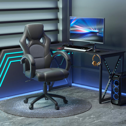 High-Back Faux Leather Swivel Office Desk Chair with Wheels and Armrests - Black
