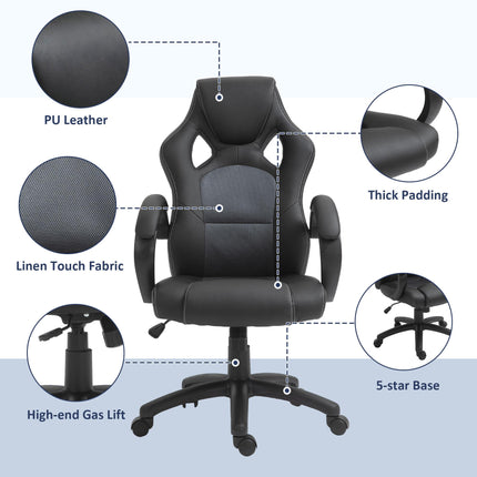 High-Back Faux Leather Swivel Office Desk Chair with Wheels and Armrests - Black