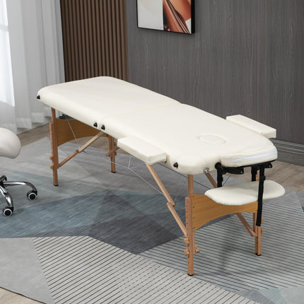 Portable Folding Massage Bed with Wooden Frame and Carry Bag - Cream