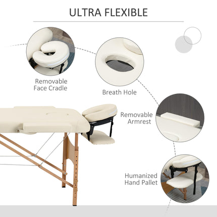 Portable Folding Massage Bed with Wooden Frame and Carry Bag - Cream