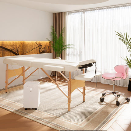Portable Folding Massage Bed with Wooden Frame and Carry Bag - Cream