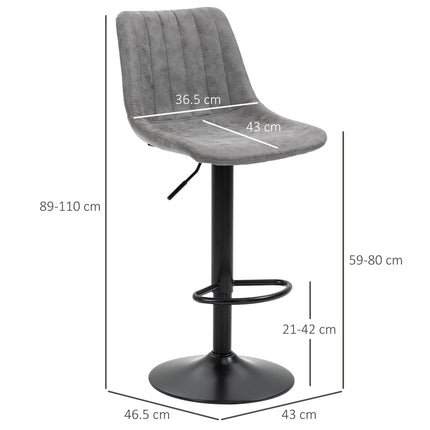 Set of 2 Adjustable Bar Stools with 360° Swivel - Grey