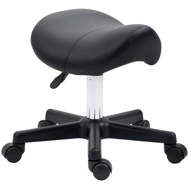 Adjustable PU Leather Saddle Stool with Steel Frame and Wheels for Salon, Spa, Tattoo - Black