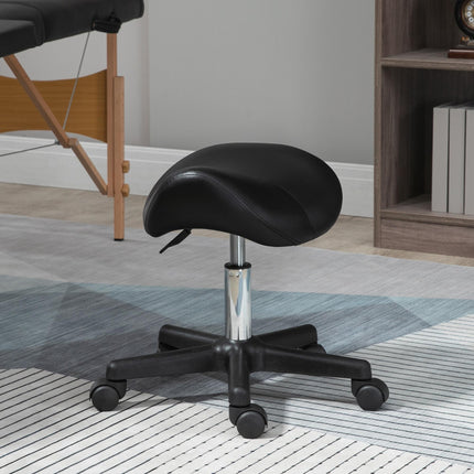 Adjustable PU Leather Saddle Stool with Steel Frame and Wheels for Salon, Spa, Tattoo - Black