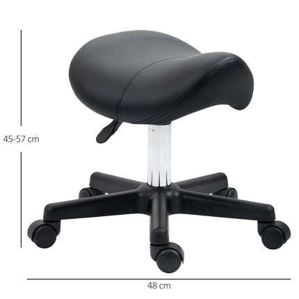 Adjustable PU Leather Saddle Stool with Steel Frame and Wheels for Salon, Spa, Tattoo - Black