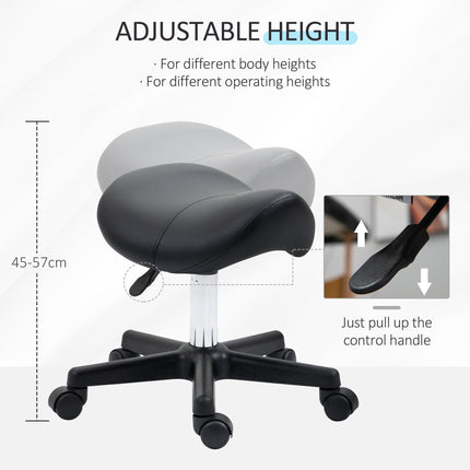 Adjustable PU Leather Saddle Stool with Steel Frame and Wheels for Salon, Spa, Tattoo - Black