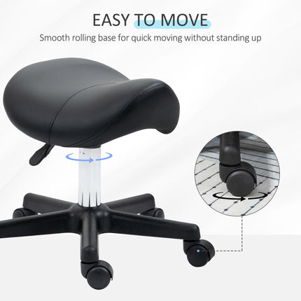 Adjustable PU Leather Saddle Stool with Steel Frame and Wheels for Salon, Spa, Tattoo - Black