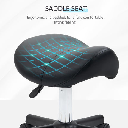 Adjustable PU Leather Saddle Stool with Steel Frame and Wheels for Salon, Spa, Tattoo - Black