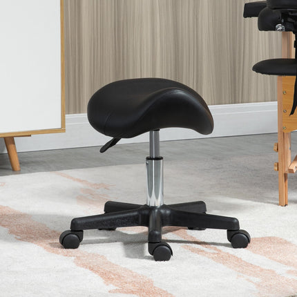 Adjustable PU Leather Saddle Stool with Steel Frame and Wheels for Salon, Spa, Tattoo - Black