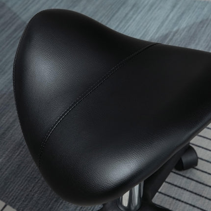 Adjustable PU Leather Saddle Stool with Steel Frame and Wheels for Salon, Spa, Tattoo - Black