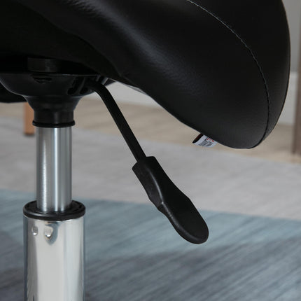 Adjustable PU Leather Saddle Stool with Steel Frame and Wheels for Salon, Spa, Tattoo - Black