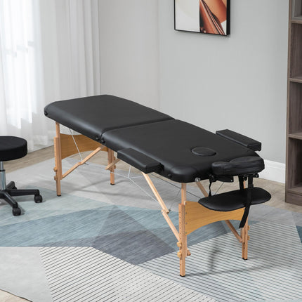 Portable Folding Massage Bed with Carry Bag and Wooden Frame, 2 Sections - Black