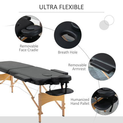 Portable Folding Massage Bed with Carry Bag and Wooden Frame, 2 Sections - Black
