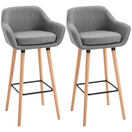 Set of 2 Modern Upholstered Bar Stools with Solid Wood Legs - Grey
